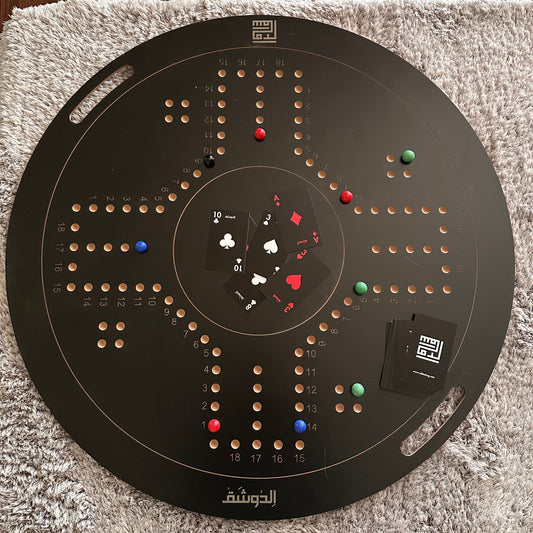 Circular black board with various colored markers on a textured surface